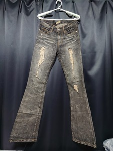 00s Vintage denim japanese rare tokyo shibuya 109-2 goa 希少 ゴア ジーンズ 黒系 ダメージ加工 クラッシュ フレア 細身 スキニー W28