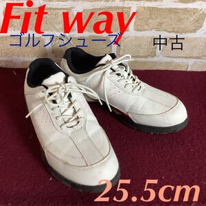 【売り切り!送料無料!】A-243 Fit way!ゴルフシューズ!スパイク!25.5cm!ホワイト!ゴルフ!趣味!ビジネス!付き合い!初心者!中古!