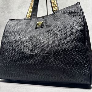 入手困難/A4収納◎ ヴェルサーチ VERSACE メンズ 大容量 レザー トートバッグ エンボス グレカ メデューサ 肩掛け ビジネス 黒 ブラック