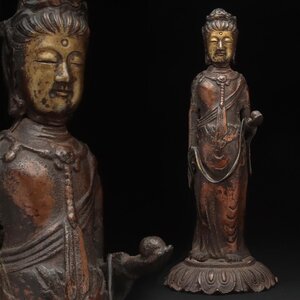 EX286 時代仏教美術 古銅 鍍金「宝珠持観音菩薩立像」高33cm 重1.5kg・持宝珠觀音菩薩像 仏像 佛像