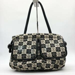 【希少 美品】 CHANEL シャネル　カメリア　ココマーク トートバッグ ハンドバッグ　巾着　ローズ　総柄　ラムレザー　ブラック