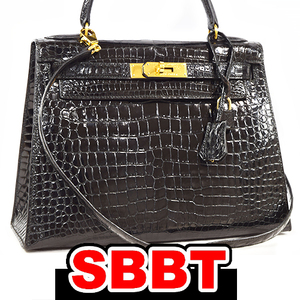 エルメス　ケリー28 外縫い　黒　クロコダイル ポロサス　G金具　〇V刻印　ブラック Black ケリー クロコ HERMES Kelly28 本物 sbbt