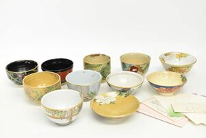 (942L 1015M3) 1円～ 京焼 桑野睦子 御所の花 十二ヶ月 抹茶茶碗コレクション 11点セット 金彩 色絵 茶器 茶道具 陶器