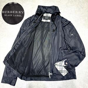 美品●BURBERRY BLACK LABEL バーバリーブラックレーベル ナイロンジャケット ブルゾン パーカー ダブルジップノバチェック 黒 ホース刺繍