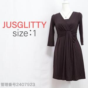 【美品】JUSGLITTY(ジャスグリッティー)カシュクールデザイン　七分袖ひざ丈フレアワンピース　ダークブラウン　S