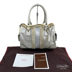 USED COACH コーチ シグネチャー柄 ハンドバッグ A05U-2186 ホワイト×シルバー系 ボストンバッグ レザー×キャンバス×スエード