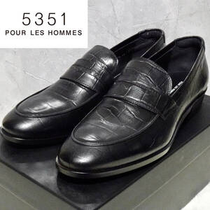 [5351POUR LES HOMMES]クロコダイル型押しレザーシューズ正規品(未使用品)スリッポン/ワニ/アバハウス/5351プールオム