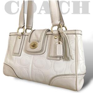 COACH コーチ トートバッグ 11330 ターンロック レザー タッセル ステッチロゴ オフホワイト