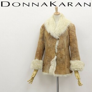 ◆DONNA KARAN ダナ キャラン ペイズリー 花 総柄 毛皮 ムートン ハーフ コート ベージュ XS