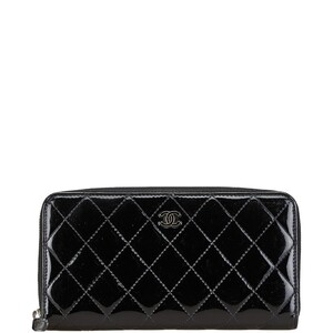 シャネル ブリリアント マトラッセ ココマーク ラウンドファスナー 長財布 ブラック エナメル レディース CHANEL 【中古】