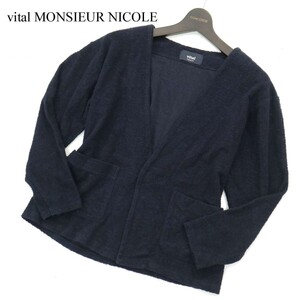 vital MONSIEUR NICOLE ムッシュ ニコル 通年 パイル風★ 7分袖 カーディガン Sz.46　メンズ ネイビー　A3T04159_4#O