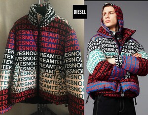 ●美品！ディーゼル 高級 DIESEL ふんわり オールロゴデザイン 中綿 ダウン ジャケット メンズ 即決 即納 サイズXL程 55dsl y2k●845