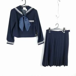 1円 セーラー服 スカート スカーフ 上下3点セット 指定 冬物 白3本線 女子 学生服 兵庫高砂高校 紺 制服 中古 ランクC EY1290