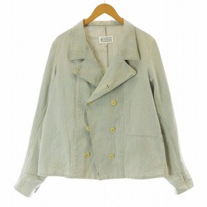 Maison Margiela 10 21SS ダブルジャケット USED加工 ストライプ コットン 48 M ライトブルー 白 ホワイト S50BN0465