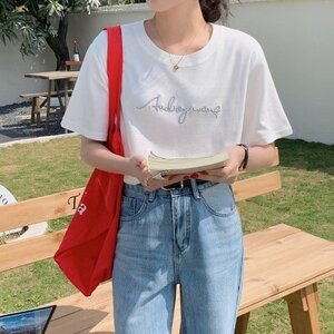 500円 同梱不可 レトロ シンプル 刺? ラウンドネック アルファベット Tシャツ ポロシャツ 2XL イエロー