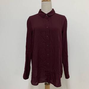 YH0801 UNIQLO ユニクロ レディース 長袖 シャツ ワインレッド 赤 Lサイズ 薄手 無地 シンプルコーデ カジュアルスタイル 万能 USED 古着