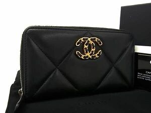 1円■美品■ CHANEL シャネル ココマーク 19 ディズヌフ マトラッセ ラムスキン ラウンドファスナー 長財布 ウォレット ブラック系 CB2038