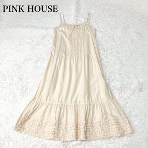 【美品】PINK HOUSE ピンクハウス　キャミ ワンピース ピコフリル　ティアード　リボン　ベージュ　生成り　レディース