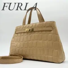 【良品✨】FURLA ハンドバッグ 2way  クロコ 型押し ゴールド金具