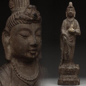 EX386 時代仏教美術 石造「観音菩薩立像」高43.5cm 重3.7kg・石雕觀音菩薩像 仏像 佛像