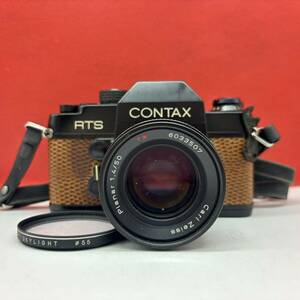 ◆ CONTAX RTS フィルムカメラ 一眼レフカメラ Carl Zeiss Planar 1.4/50 T* レンズ シャッター、露出計OK 革 茶 コンタックス