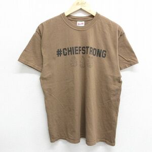 L/古着 半袖 ビンテージ Tシャツ メンズ 90s ミリタリー USN CHIEFSTRONG コットン クルーネック 茶 ブラウン 24may10 中古