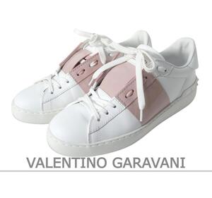 極美品 VALENTINO GARAVANI ヴァレンティノガラヴァーニ 37 約24㎝ ロックスタッズ レザー×エナメル スニーカー ホワイト×ローズピンク