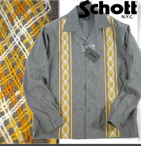 新品 未開封★定価2.4万 Schott N.Y.C ショット メンズ 長袖 起毛 ウールシャツ M ライン 2トーン オープンカラー 黒 グレー 本物 ◆