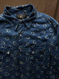 【名作】極美品 RRL HORSESHOE PRINTED WESTERN SHIRTS ダブルアールエル ホースシュー インディゴ 総柄 ウェスタンシャツ シャツ M