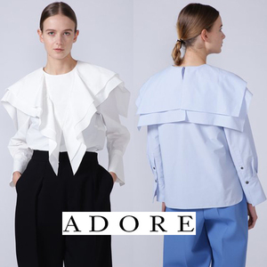 定35200円【ADORE　アドーア】コットンナイロンダンプブラウス　ボリューム襟ティアードフリル ラッフルカラー ホワイト白セーラーカラー