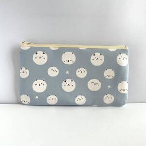 SALE 猫 フラットポーチ 20×11cm ハンドメイド ブルーグレー系 通帳入れ ペンケース 筆箱