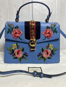 GUCCI グッチ　シルヴィ　薔薇　ローズパッチ 2wayハンドバッグ　ショルダーバッグ　ブルー　川口春奈さん愛用