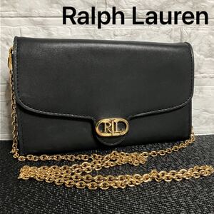 【ws780】ラルフローレン チェーンショルダー 長財布 黒 レザー クロスボディ Ralph Lauren