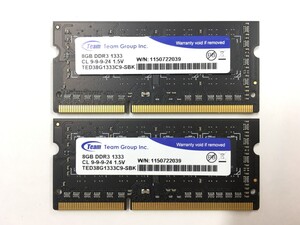 【8GB×2枚組】Team DDR3-1333(PC3-10600) 1R×8 中古メモリー ノート用 DDR3 即決 動作保証 現物発送【MS-082801】