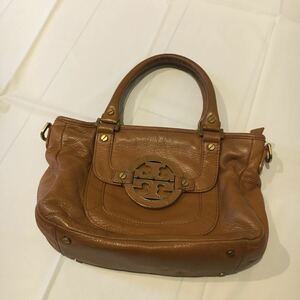 手入れ済み TORY BURCH トリーバーチ ハンドバッグ レザー キャメルブラウン ロゴデザイン バッグ