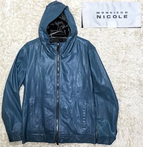 【羊革★美品】サイズ48(L) MONSIEUR NICOLE フーデッドラムレザージャケット◆青系☆ムッシュ ニコル (96)