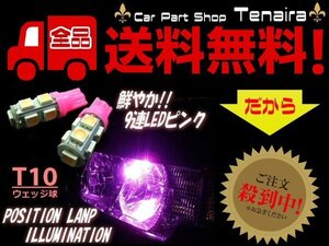 12V T10 ウェッジ 9連 LED ピンク 2個 SMD 3チップ スモール ポジション ルーム球 ナンバー灯 メール便送料無料/3