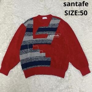 大きいサイズ santafe サンタフェ ロゴ刺繍 切替ニット セーター プルオーバー サイズ50 XL相当 レッド 赤 メンズ 