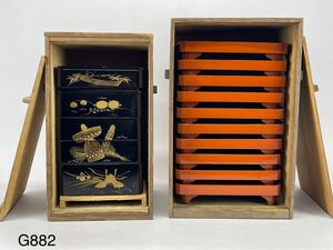 庄梅G882-140 大正期　輪島塗　木製漆器　時代漆器　重箱　膳台　金蒔絵　供箱　古民芸　古美術　まとめて