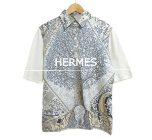 ほぼ美品 HERMES エルメス サイズM シルク ニット 切り替え ハーフボタン 半袖 シャツ ブラウス カットソー アイボリー グレー