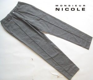 新品2.1万!!ムッシュニコル MONSIEUR NICOLE*ドローオード入り チェック柄ストレッチポリレーヨンテーパードパンツ 46 M 黒×グレー