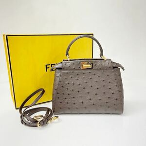 【231733】FENDI フェンディ ミニピーカブー オーストリッチ 2WAY ショルダーバッグ ハンドバッグ ゴールド金具 ブラウン レザー 美品