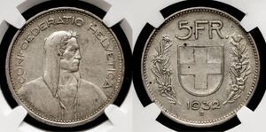 スイス連邦 5Francs 1932B NGC-AU53