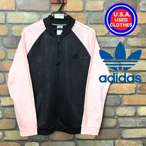 ME1-034★USA限定デザイン★【adidas アディダス】フラワー柄 トラックジャケット【レディース L】黒×ピンク バイカラー ジャージ 古着