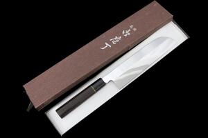 極美品｜無銘 鎌型薄刃包丁 八寸 鏡面 黒檀柄 箱付 KN02-A10945-2L2B