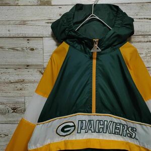 【703】90s USA古着 NFL Green Bay Packers グリーンベイ・パッカーズ ハーフジップ ラグラン ナイロンアノラック プルオーバー 