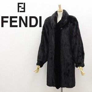 ビンテージ◆FENDI フェンディ ミンクファー 毛皮 裏地ロゴ総柄 ボリュームスリーブ コート 黒 ブラック