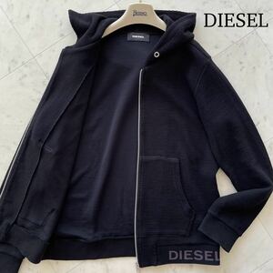 美品/XL★ ディーゼル DIESEL ニット パーカー ジップアップ ジャケット フード ブルゾン 裾ロゴ 大きいサイズ ブラック 黒 メンズ