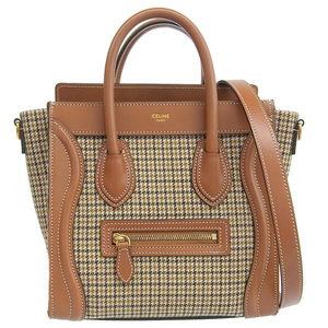 セリーヌ CELINE ラゲージ ナノショッパー 2WAY ハンドバッグ ショルダーバッグ ウール/レザー ブラウン/ベージュ 中古 新入荷 OB1795