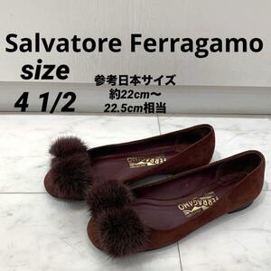 ☆美品☆Ferragamo フラットパンプス ヴァラ ミンクファー ボルドー系